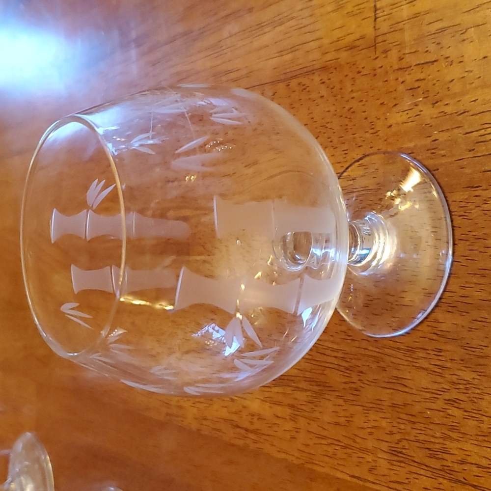 Vintage Brandy Snifter Glass Etched Bamboo Design 5in